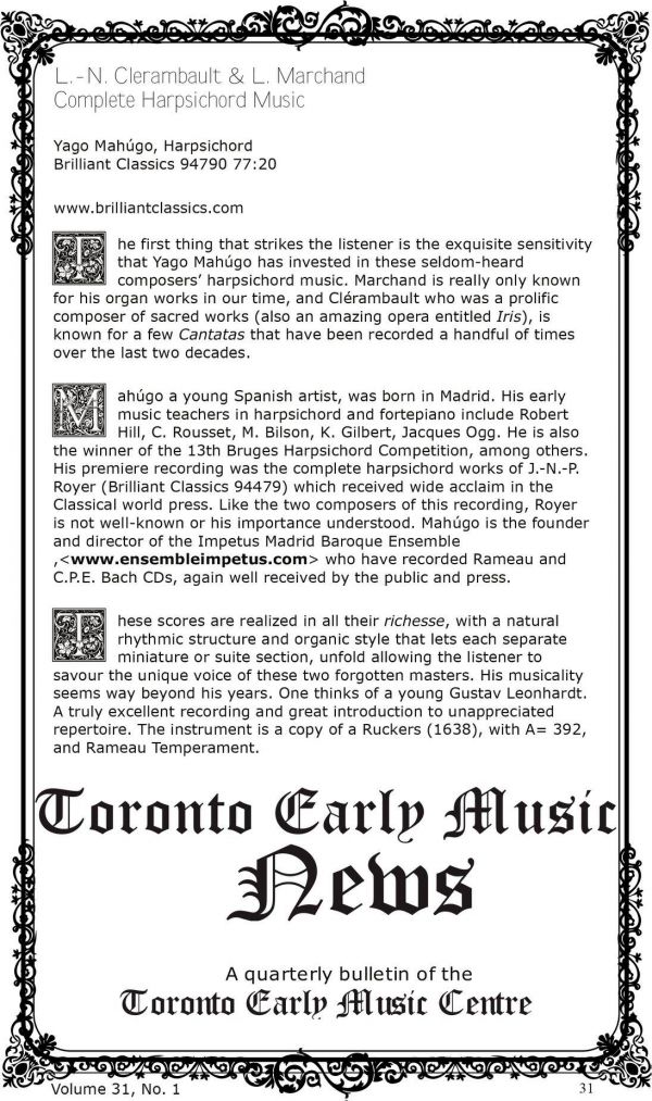 crítica en Toronto Early Music News