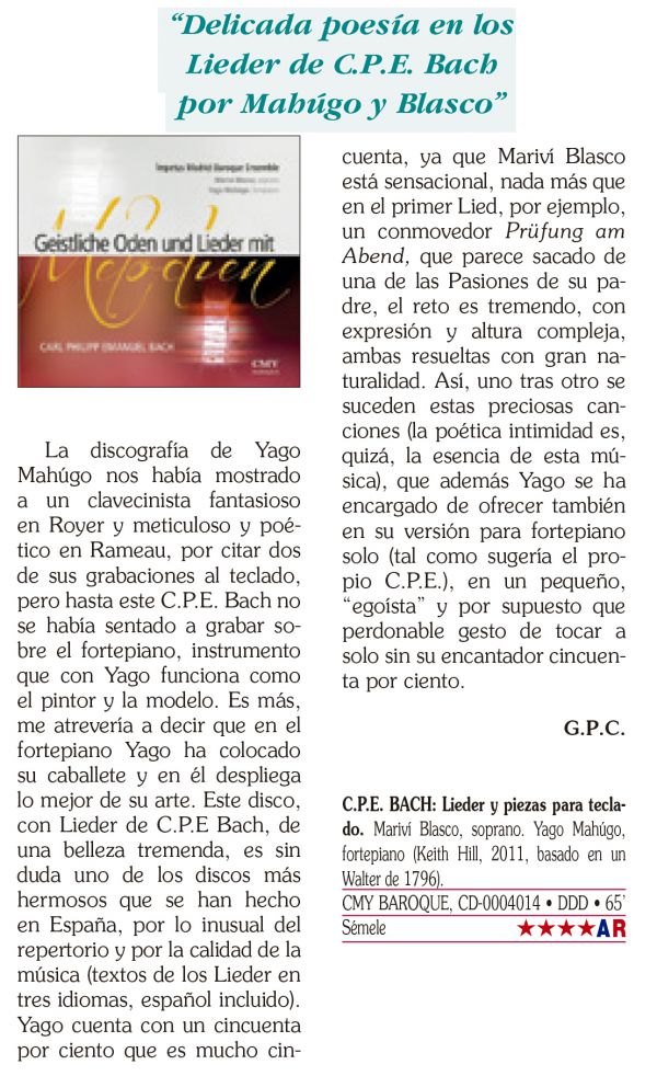 Delicada poesía en los Lieder de C.P.E. Bach por Mahúgo y Blasco